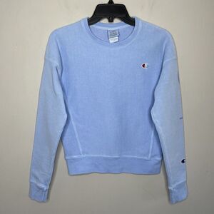 CHAMPION Fleece Sweatshirt Womens XS Pale Blue Pullover Embroidered Logo